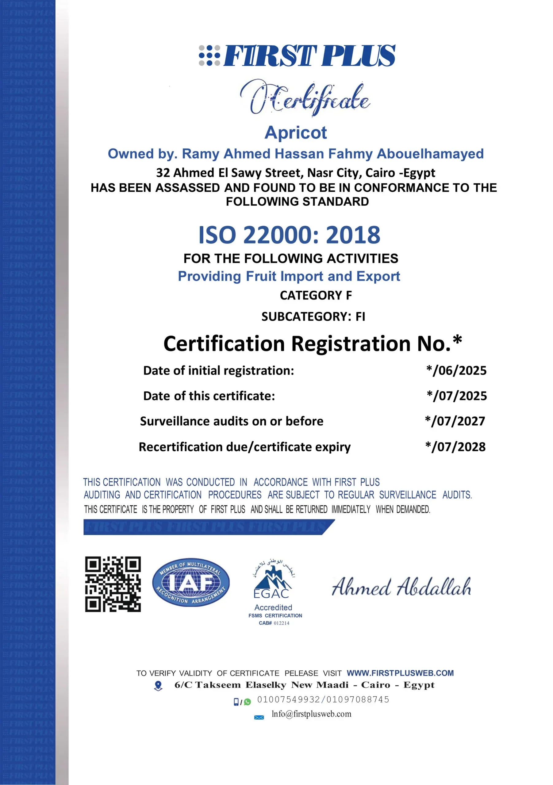 ISO 22000 certificate